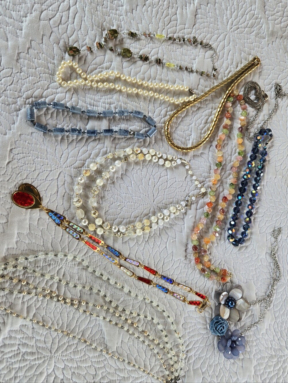 LOT - 14 NECKLACES Vintage Glass Beads Triple Tierand Contemporary & Jewelry Box